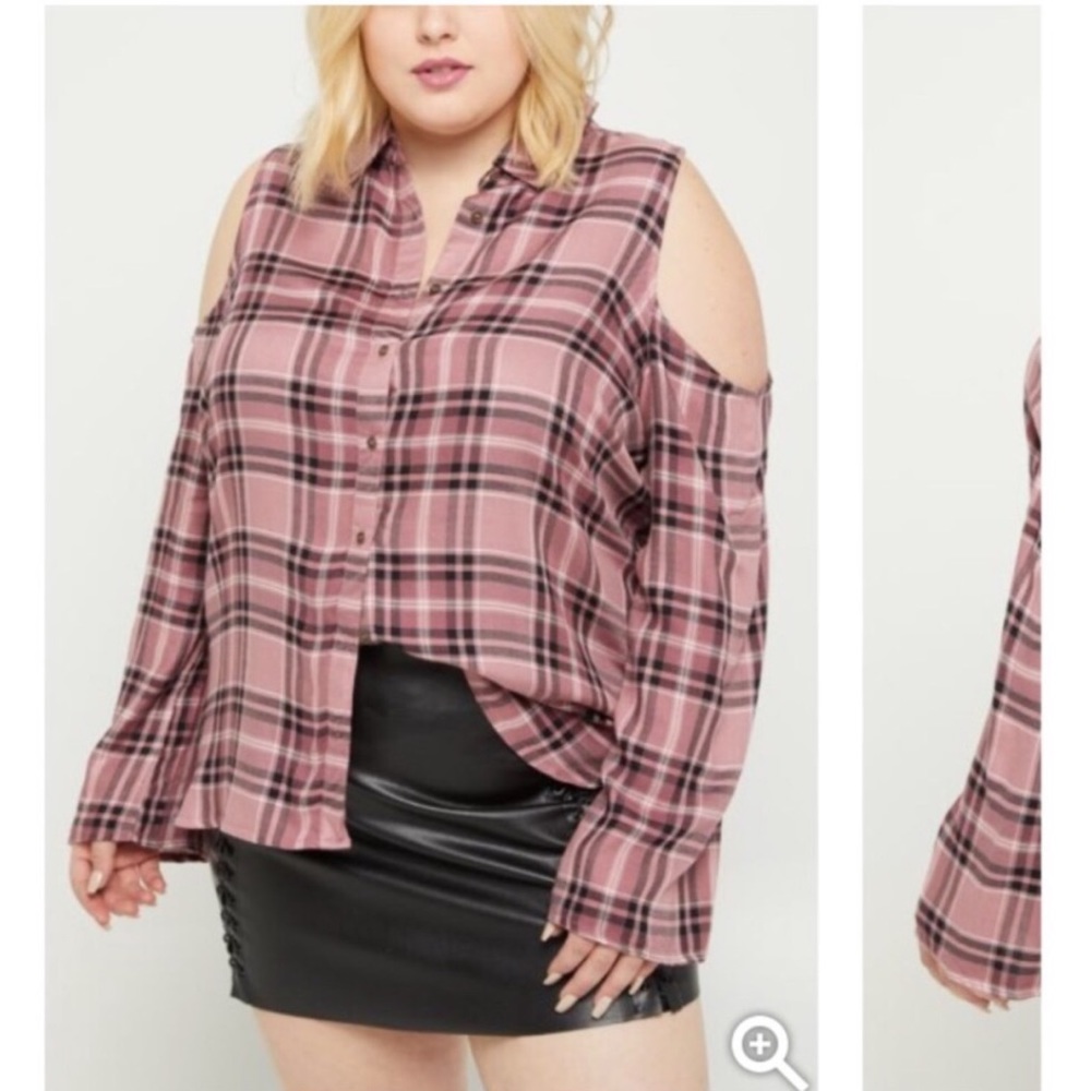Pink Plaid Cold Shoulder Button-Down